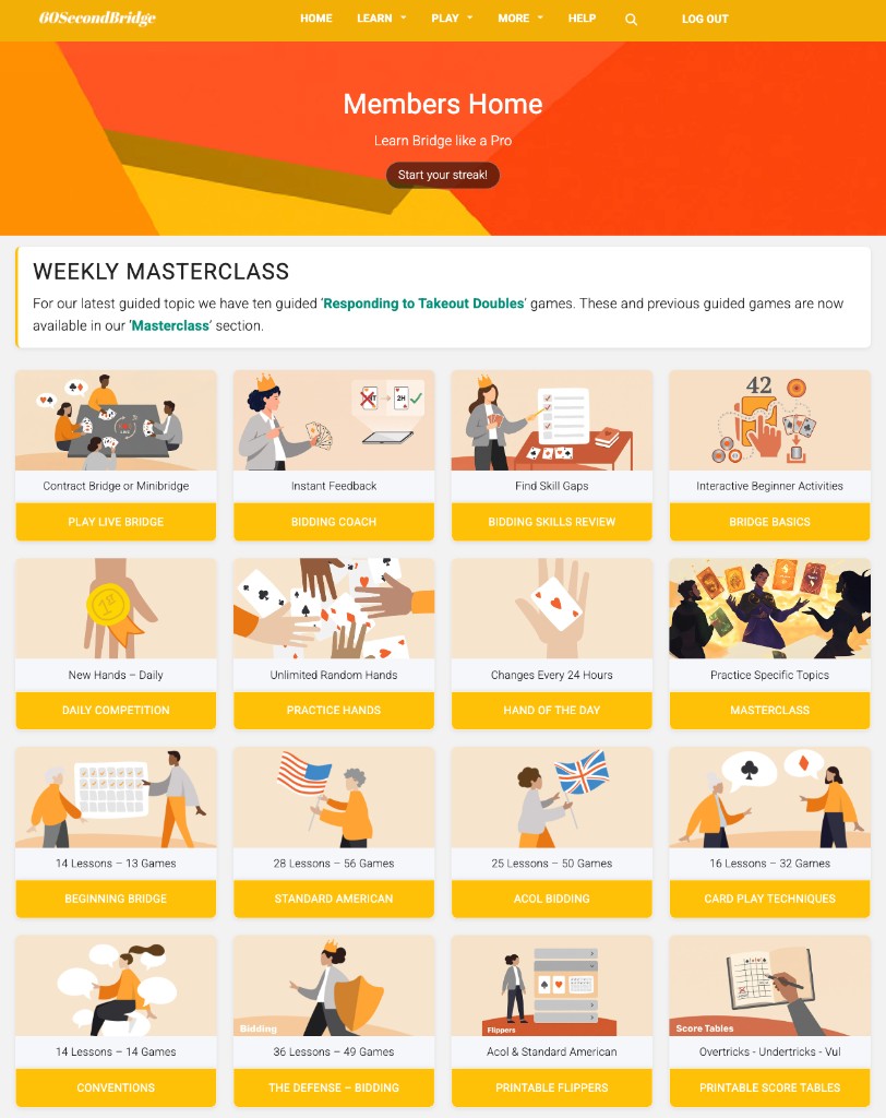 The members home page: a grid of cards for Live Bridge, Bidding Coach, Bidding Skills Review, Bridge Basics, Daily Competition, Practice Hands, Hand of the Day, Masterclass and the full lesson courses